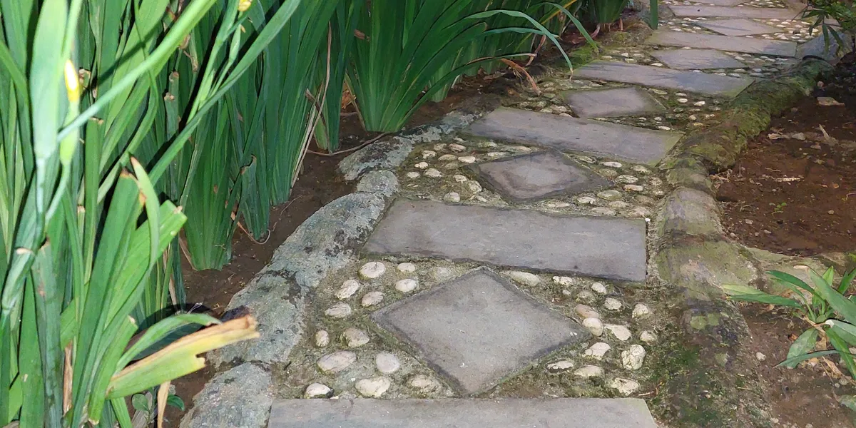A friendly team of landscapers posing in front of a finished project.